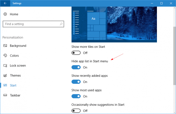 Settings Personalization Start Hide app list 600x389 - Windows 10 Tip: What is Hide App List in Start Menu option in Settings