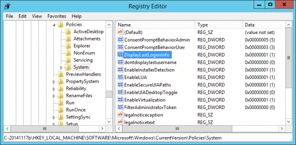 Registry DisplayLastLogonInfo 600x294 - How To Display The Last Logon Account Info on Windows 7 and 10