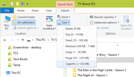 Windows 10 File Explorer Search Size options - Windows Tip: How To Search Large Files using File Explorer or Windows Explorer