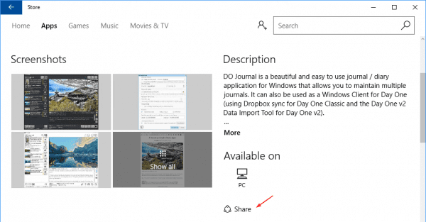 Share icon in Windows Store app page anniversary update 600x313 - Windows 10 Tip: How To Get A Link to Windows Store App