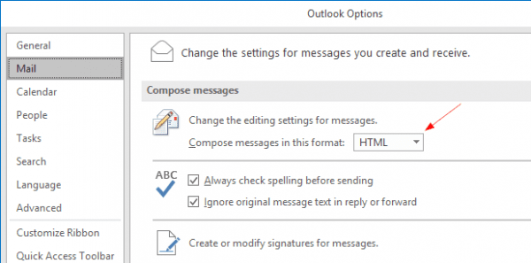 Outlook Options Mail HTML 600x297 - Outlook Tip: What To Do When Receipt Receives Winmail.dat Attachment from You
