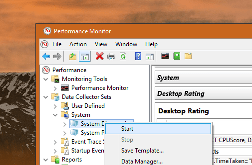 Performance Monitor System Diagnostic Start - Getting Windows Experience Index Score on Windows 10