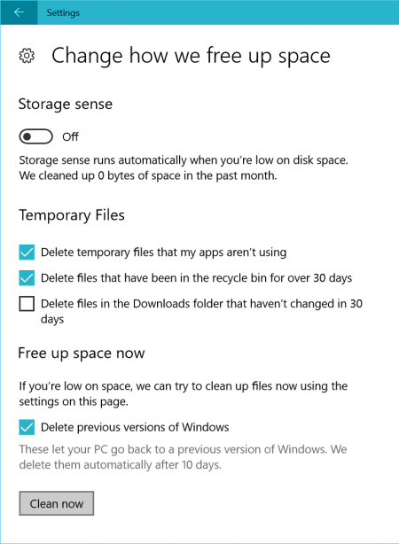 Windows 10 Settings Storage Sense delete previous versions 450x614 - Windows 10 New Feature: Easily Delete Previous Versions of Windows