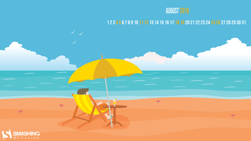 aug 18 chilling at the beach full - Download Smashing Magazine Desktop Wallpaper August 2018 Windows 7/8/10 Theme