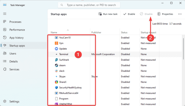 Disable startup apps 1 - Critical Process Died Error on Windows 11