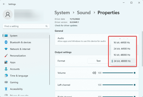 sample rate selection 600x410 - Windows 11 Sound Settings for Improved Audio