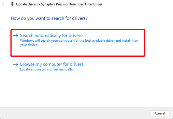 Automatically search for driver 600x414 - Easy Fixes if Your Touchpad Is Clicking but Not Moving on Windows 11