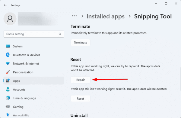 Repair app 600x393 - Top Fixes When Record Video Is Not Working on the Windows 11 Snipping Tool