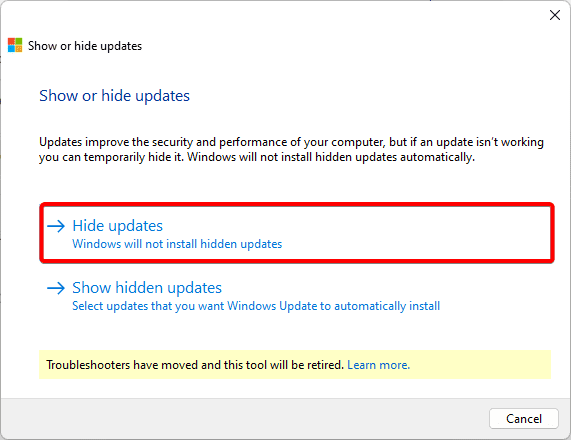 Select Hide updates - Best Fixes for Install Error - 0x80070643 on Windows 11