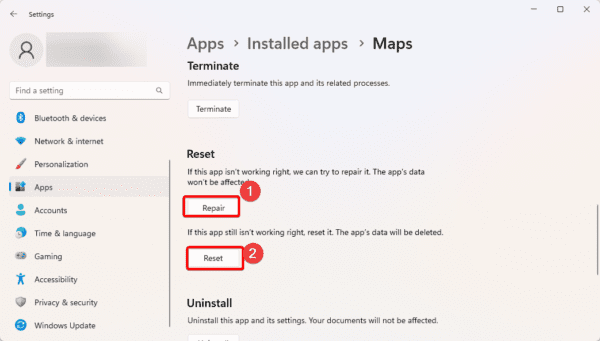 Repair and reset options 600x341 - Windows 11 Maps Shows Wrong Location: Fixed