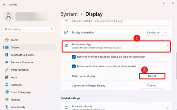Detect other display on Windows Settings