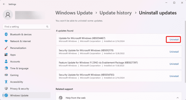 Uninstall option for Windows updates