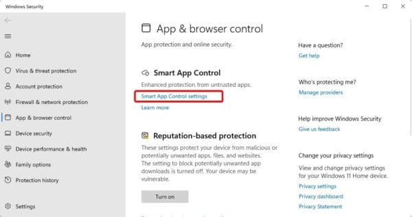 Smart app control settings 600x317 - Enable or Disable Smart App Control in Windows 11: Top Ways